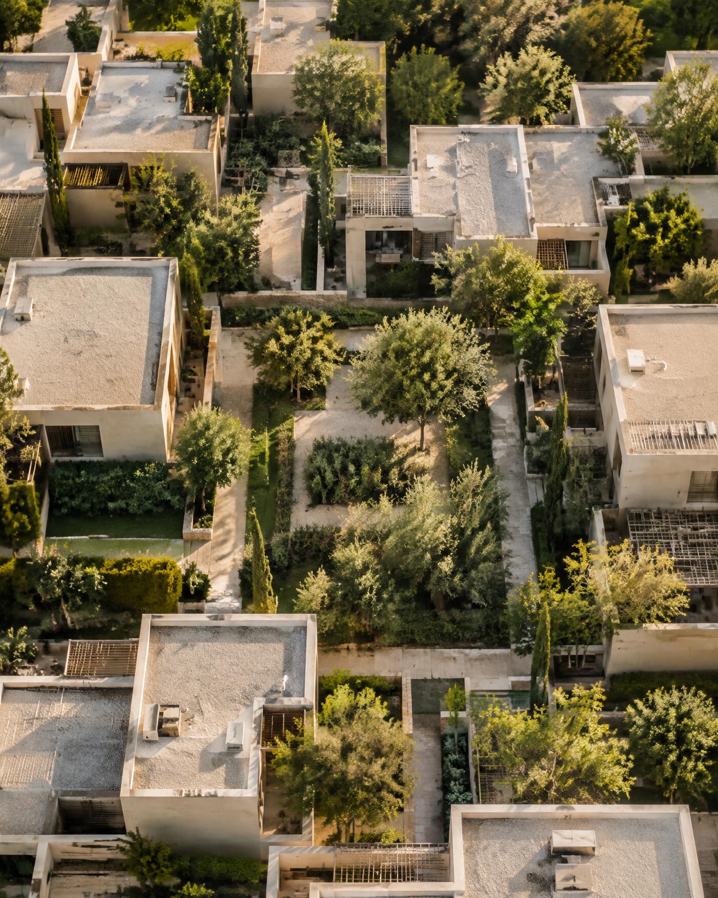 Aerial view of a residential community with courtyards
