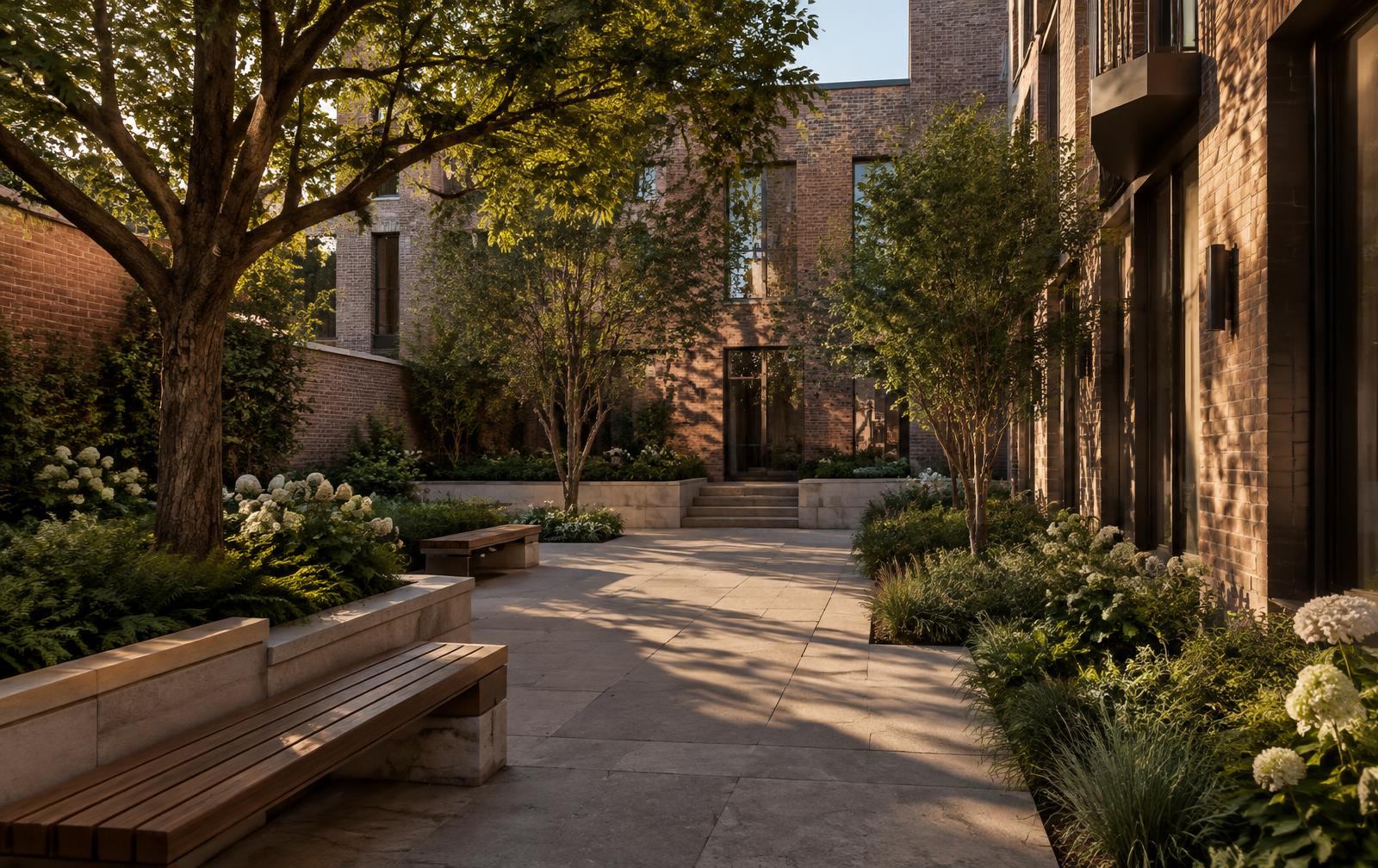 Landscaped residential courtyard with brick walls, stone paving and mature trees