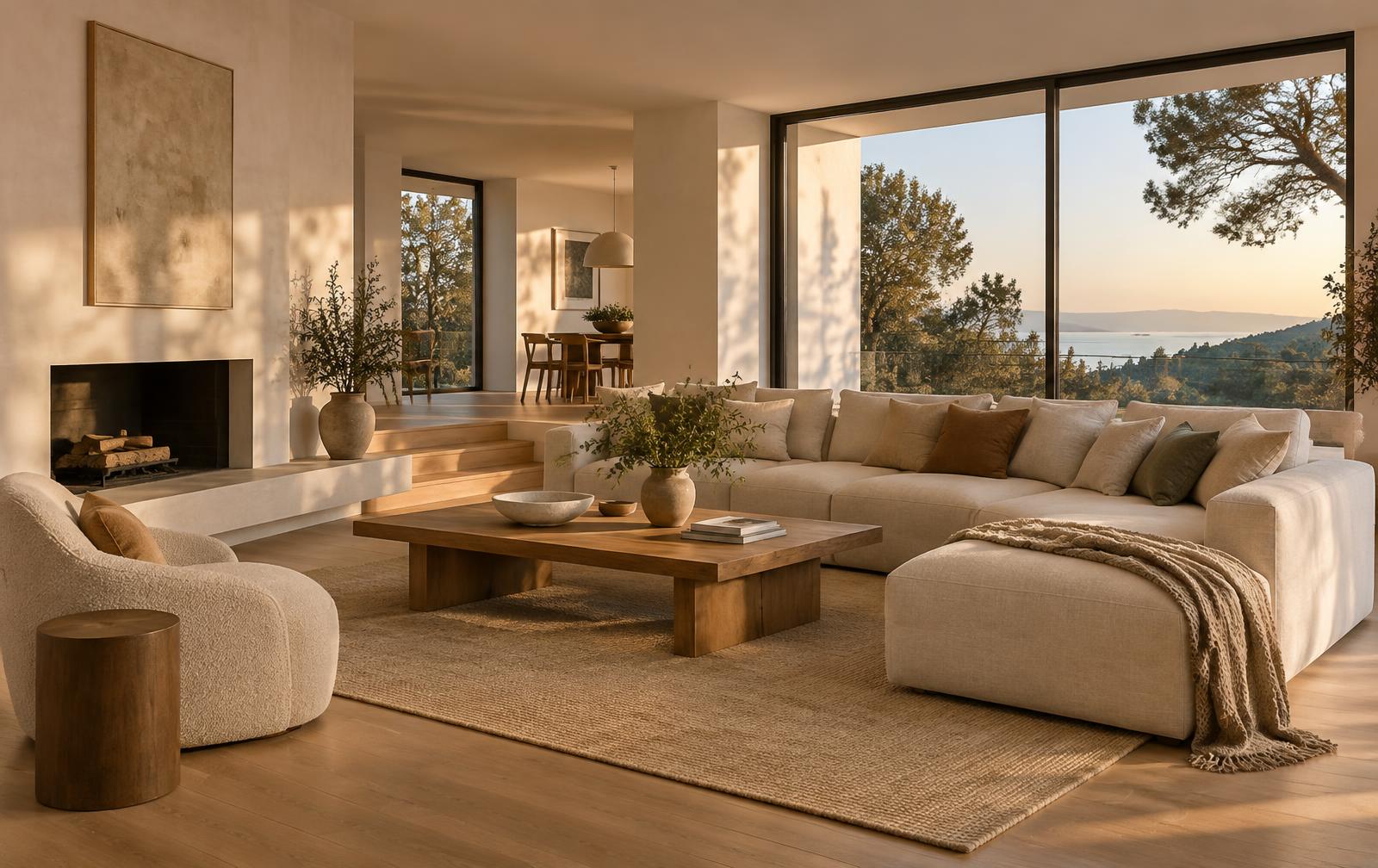 Calm contemporary residential interior with oak floors and warm evening light