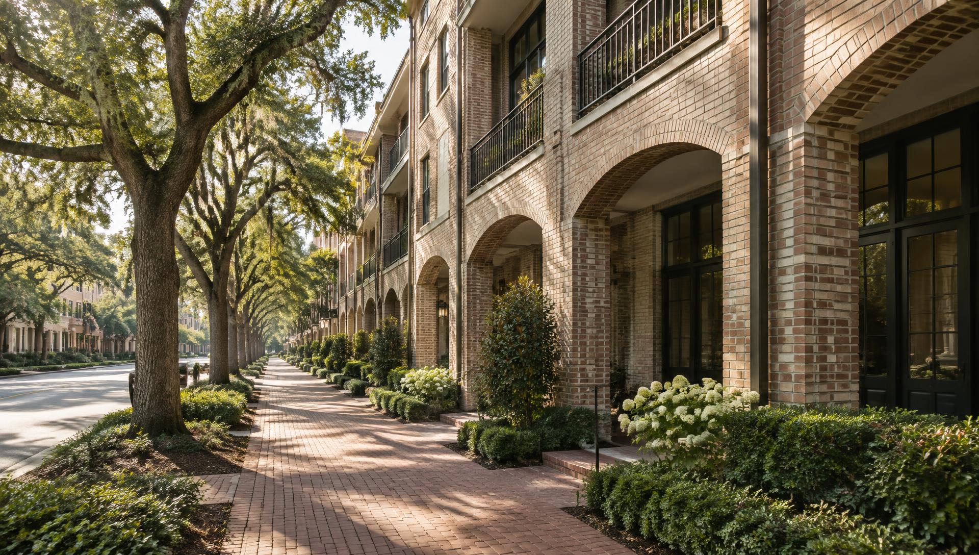 Tree-lined residential streetscape with brick arcades in morning light